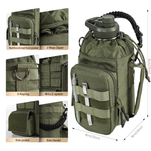 ONETIGRIS 64oz Tactical Insulated Water Bottle with 3 Lids & MOLLE Pouch | 48H Cold and 24H Hot Double Wall,304 Stainless Steel Wide Mouth,BPA Free Leakproof Silicone Seal，Paracord Handle Easy Carry - color: Green