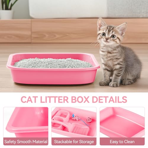 PAWISE Cat Litter Box Set, Small Kitten Starter Kit, Includes Litter Box, Litter Scoop, Double Dish Feeding Bowl, Cat Mouse Toy, Kitty Ball Toy, Pink - color: Pink