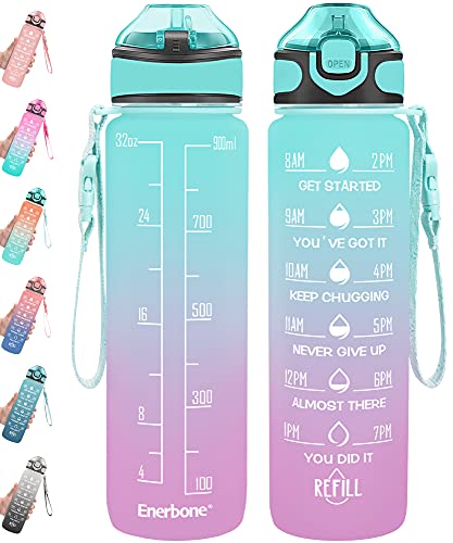 Enerbone 32 oz Drinking Water Bottle with Times to Drink and Straw, Motivational with Carrying Strap, Leakproof BPA & Toxic Free, Ensure You Drink Enough Water for Fitness Gym Outdoor - color: Green-Purple