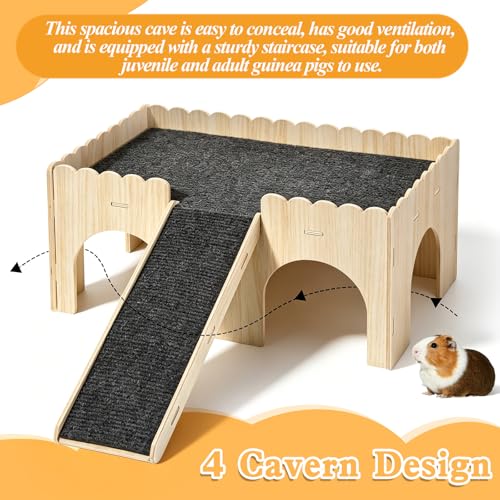 Large Guinea Pig Castle, Sturdy Wooden Guinea Pig Hideout, Upgraded Wooden Guineas Pigs Castle with Anti-Slip Stairs, Easy to Assemble for Small Animal House Habitat or Hamster Hideout