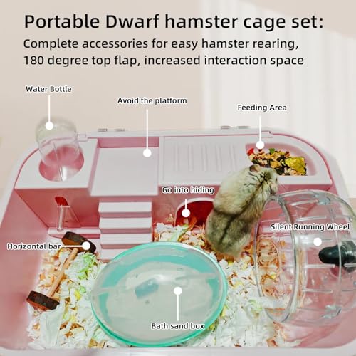 Hamiledyi Dwarf Hamster Cage Clear Plastic Small Hamster Cage Portable Carrier with Water Bottle Exercise Wheel Bathtub Box Set Toy for Dwarf Baby Hamster (Pink) - color: Pink