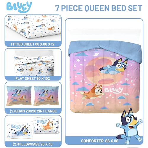Jay Franco Bluey & Bingo Queen Comforter Set - 7 Piece Bedding Includes Sheet Set & Pillow Covers - Super Clouds & Stars Cozy Bedding - color: Multi - Bluey, size: 7 Piece Queen