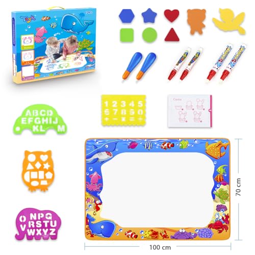 Water Doodle Mat - Kids Color Painting Toy, Gift Set for Toddlers 3-7 | Great Educational Water Doodle Mat - Toddler Painting Toy Gift with Fun Stencils, Magic Pens & Drawing Templates for Kids - color: Ocean