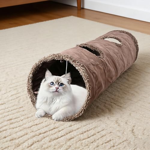 50"x 12" Collasiple Cat Play Tunnel, Interactive Cat Tubes and Tunnels for Indoor Play, Foldable Hide and Seek Toy for Cats, Rabbits, and Small Pets, Soft Brown Suede Pet Tunnel