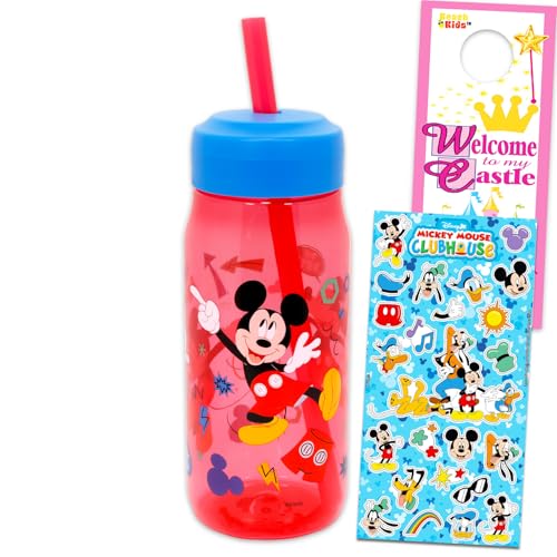Disney Mickey Mouse Water Bottle for Boys and Girls - Bundle with 16 Oz Mickey Mouse Water Cup with Straw, Stickers, and More Cups for Kids