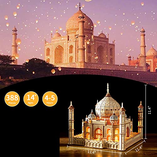 3D Wooden Puzzle for Adults, Taj Mahal Wood Model with Led Light, Self-Assembly Mechanical Building Kit Handicraft Brain Teaser Game Hobbies Toy, Birthday Gift for Women Men, Home Decor, 388 Pieces - style: Taj Mahal