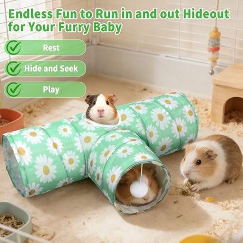 Rypet Guinea Pig Tunnel Hideout 3-Way Collapsible Small Pet Tubes, Daisy | 3 Way Design for Exploration, Collapsible for Easy Storage, Built-in Play Ball, Hiding & Resting for Hamsters Ferrets - color: Daisy