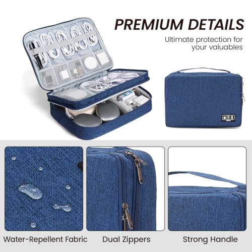 Electronic Organizer Travel Case, Double Layer Cable Organizer Bag | Double-layer design with adjustable dividers, mesh pockets and elastic loops for chargers, cables, power banks and gadgets - color: blue