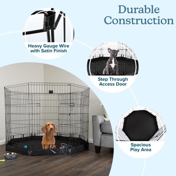 Dog Playpen - Foldable Metal Exercise Puppy Play Pen with Eight 24x42in Extra-Tall Panels and Gate - Indoor/Outdoor Dog Fence with Fabric Bottom for Dogs, Cats or Small Animals by PETMAKER (Black) - size: 24" x 42"
