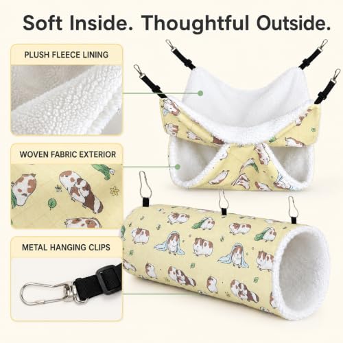 Small Pet Hammock & Tunnel Set for Ferrets, Guinea Pigs, Rats - Plush Hideout Bed & Cage Toy, 2-Pack, Yellow Guinea Pig Print - color: Yellow