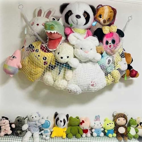 Stuffed Animal Hammock, Corner Wall Storage Net for Plush Toys, Polyester Hanging Organizer for Bedroom and Playroom Decor, White, 51 Inch, Includes Hooks - size: 1.3m