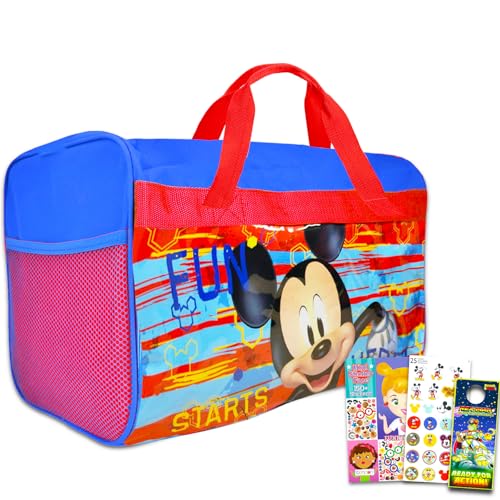 Disney Mickey Mouse Duffle Bag Set for Boys, Kids ~ 4 Pc Bundle With Mickey Carry On Travel Bag, Stickers, Door Hanger, and More | Mickey Mouse Sleepover Travel Activity Set