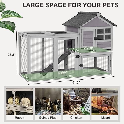 Rabbit Hutch Indoor Outdoor Bunny Cage with 5 Access Doors, Run, Pull-Out Deeper Leakproof Tray and Waterproof Roof - color: Grey