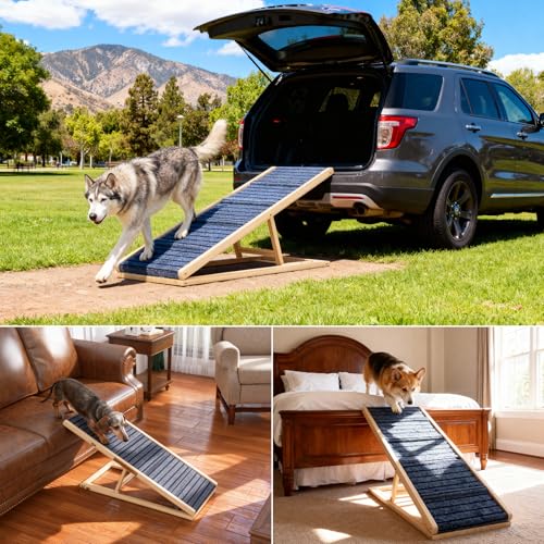 Adjustable Wooden Dog Ramp for Small & Medium Dogs, 39.4" Long x 15.8" Wide Portable Pet Ramp for Bed, Couch, Sofa & Car, Anti-Slip Carpet, Lightweight Foldable Indoor Outdoor Travel Dog Ramp - size: 39.4" L x 15.8" W