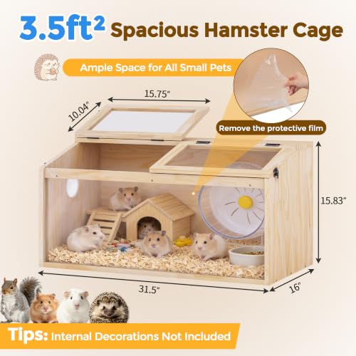 COZIWOW Wooden Hamster Cage Chewproof 32" Small Animal Habitat Enclosure | 32x16x16" Large Spacious Cage, Escape-Proof Air Vent, Removable Easy-Clean Front Panel, Lockable Top Lid, For Syrian & Gerbil - size: 31.5"L x 16.0"W x 16.0"H