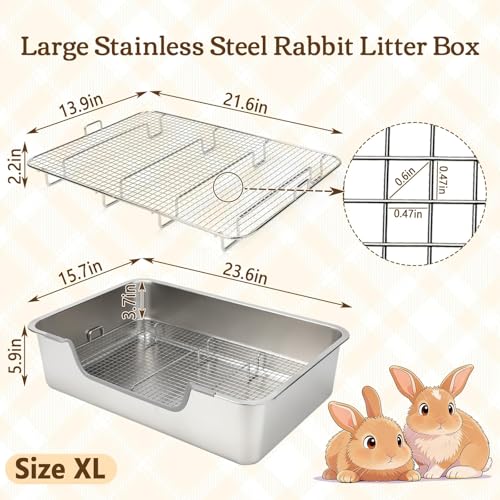Rypet Large Stainless Steel Rabbit Litter Box Set for Small Animals | High Sides & Low Entry, 304 Stainless Steel Sifting Tray, Bowl and Bottle Included, Non-Slip, Easy to Clean, Odor Control - size: XL(23.6"×15.7"× 5.9")