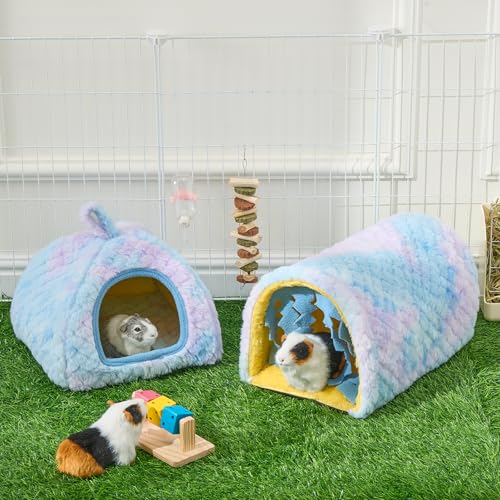 Avont 2-Pack Guinea Pig Tunnel & Hideout Bed Set | Washable Hideout & Tunnel Set, Breathable Fleece, Dual Entrances, Removable Pad, Blue or Yellow - color: Blue