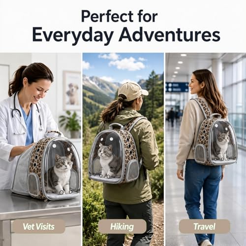 Expandable Cat Carrier Backpack with Bubble Window, Animal Print | Breathable mesh, anti-collapse frame, side door, safety leash and escape-resistant zippers for vet visits and outdoor travel. - color: Leopard Print