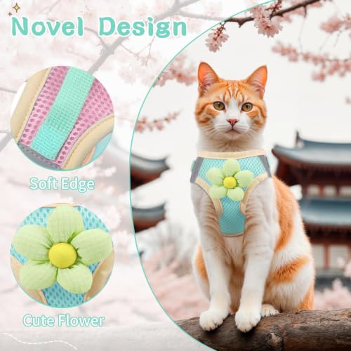 Cat Harness and Leash Set, Escape Proof Soft Vest Walk Green S | Adjustable, Easy Wear, Breathable Comfy Mesh, Reflective Strips, Sturdy Clip Buckle Flower Harness for Cats Kitty Puppy Bunny - color: Turquoise green, size: Small