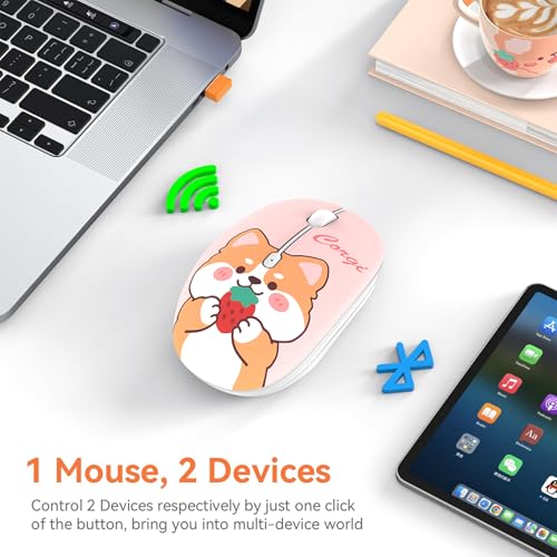 FMOUSE Cute Cartoon Silent Wireless Mouse, Dual Mode Bluetooth & USB 2.4G | Strawberry Corgi, Ideal for Kids Girls Students Back to School | AA Battery Powered | Compatible with Laptop Mac iPad Tablet - color: Strawberry Corgi