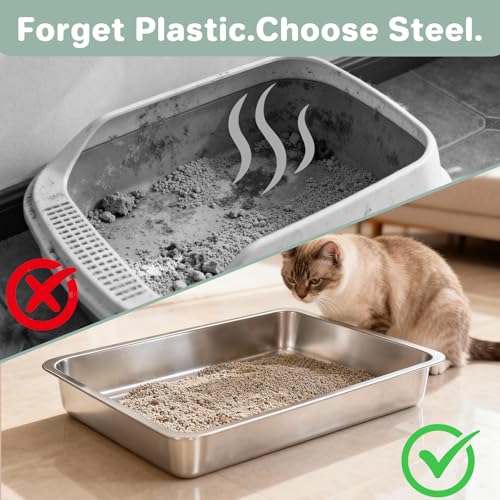 Low Entry Stainless Steel Cat Litter Box for Kittens, Metal Kitty Shallow Litter Box, Easy Access Kitty Litter Pan Tray, Easy Cleaning -17.72'' Lx 13.78'' W x 2.76'' H - color: 1 pack-17.72'' Lx 13.78'' W x 2.76'' H