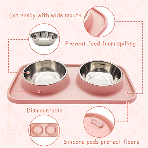 BNOSDM Double Dog Food Bowls Stainless Steel Dog Food and Water Bowls with Non-Spill Plastic Mat Pet Cat Feeder Bowl Set for Puppy Cats Kitten Small Medium Dogs Pink - color: Pink