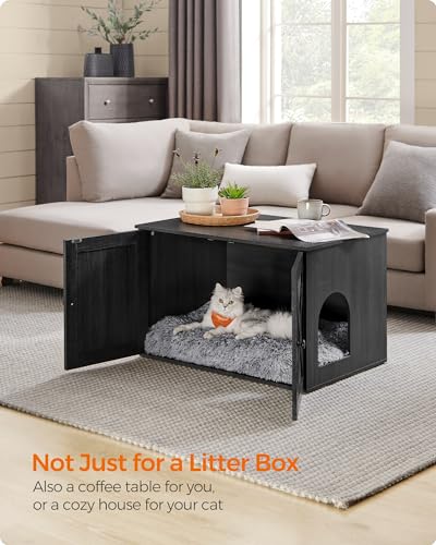 Feandrea Cat Litter Box Enclosure, Litter Box Furniture Hidden with Removable Divider, Indoor Cat House, End Table, 31.5 x 20.9 x 19.7 Inches, Ink Black UPCL002B01 - color: Ink Black, size: L (31.5"L x 20.9"W x 19.7"H)