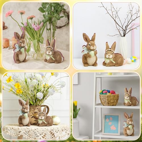 DoubleFill 2 Pcs Easter Bunny Figurine Easter Wooden Bunny Figurines Farmhouse Rabbit Table Decoration for Spring Office Centerpiece Decor Party Supplies - style: Elegant Style