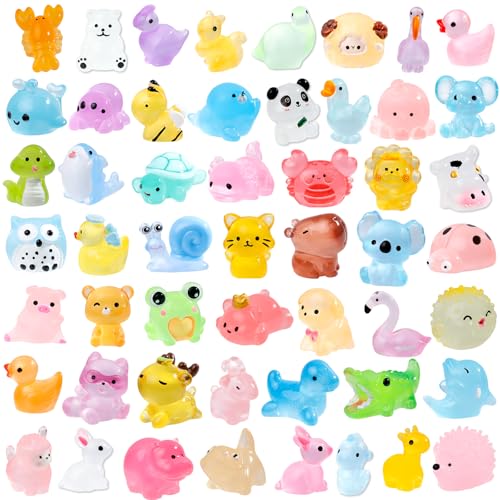 52Pcs Luminous Mini Resin Animals 52 Styles Miniature Glow in the Dark Resin Animal Figures to Hide Tiny Small Little Ducks Turtles Dinosaurs and Frogs for Micro Landscape Dollhouse Fairy Garden Decor - style: 52Pcs-Luminous