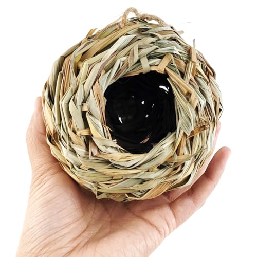 TIHOOD 4PCS 5.5inch Hanging Hummingbird Nest House for Outside, Ball Shape, Hand Woven, Durable Sturdy, Made of Natural Grass, Perfect for Garden Patio Lawn Office Indoor