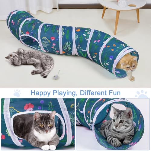 Glittme S-Shape Cat Tunnel, Foldable Cat Tunnels for Indoor Cats | Interactive Bunny Tunnel And Cat Tubes With Crinkle Sounds. Ideal For Kittens, Ferrets And Small Pets To Hide, Play Or Rest - color: Green flower branches