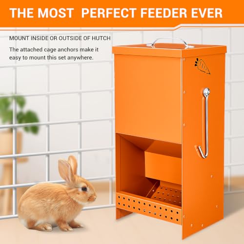 Rabbit Feeders Automatic for Cages,Orange 5 Pound Large Metal Trough Feeder | With Lid Galvanized Steel Outdoor Bunny Food Dispenser for Rabbits Chicken Guinea Pig Pet Other Small Animals