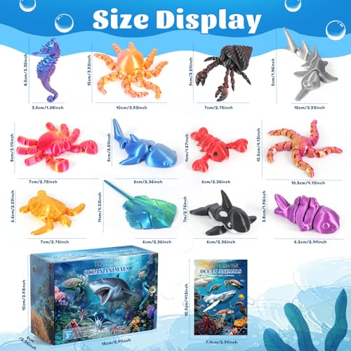12 Pack 3D Printed Animal Toys, Desk Pets Sea Animal Toys with Educational Booklet for Kids Age 3 4 5 6 7 8, Ocean Animals Figurines Fidget Toy Birthday Gifts Office Desktop Home Decoration
