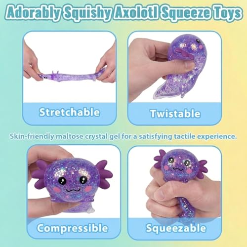 3.94 in Purple Glitter Crawling Axolotl Squishy Slow Rising | Soft TPR, Floating Glitter, squeeze toy, busy hands, stress relief, focus support, home, class, travel, kids and adults - color: Purple