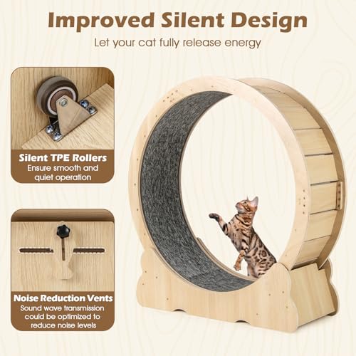 Tangkula Cat Wheel for Indoor Cats, 40 Inch Large Cat Exercise Wheel with Lockable Mechanism, Carpeted Runaway, Wooden Ultra Low Noise Running Treadmill with a Teaser Toy for Kitty Fitness