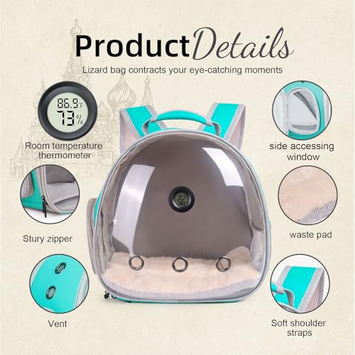 Reptile Travel Backpack Carrier with Reptile Thermometer and Humidity Gauge & Harness Leash Lizard Travel Cage Space Capsule Clear Bubble Window Astronaut Bearded Dragon Bag for Ball Python - color: Green