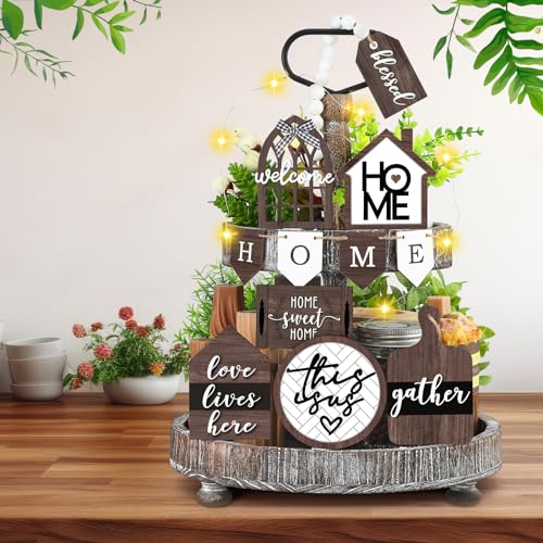 FairySandy 11 Pcs Home Tiered Tray Decor Spring Rustic Farmhouse Tiered Tray Decorations Set Home Wooden Signs Vintage Farm Animal Farmhouse Tabletop Wood Signs for Kitchen Table Shelf Decor - style: Brown Style