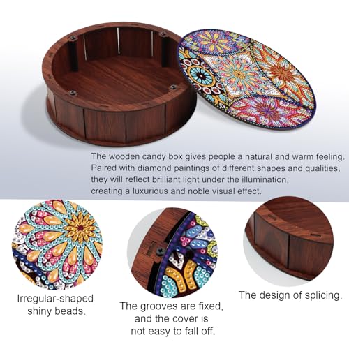 Diamond Art Storage Box Mandala Diamond Painting Wooden Snack Box Flower Gem Painting Candy Box Gem Art Organizer Case Embroidery Kit Mosaic Kits for Adults Storage Containers with Lid - color: Mandala 2