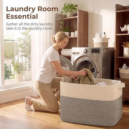 OIASKET 108L Cotton Rope Storage Basket for Living Room and Bedroom 25"x16"x16" Woven Laundry Basket, Heavy Duty Bin for Blankets, Pillows & Toys, Pet-Safe & Scratch-Free, Brown and Black - color: Brown & Black