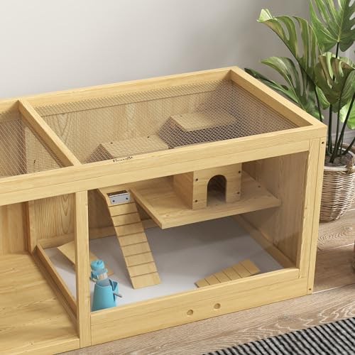 PawHut Wooden Hamster Cage, Extra Large Gerbil Cage, Multi-Layer Small Animal Cage for Dwarf Hamster, Activity Center with Pull-Out Tray, Seesaws, Water Bottle, Ladder, Openable Top | Gerbil Habitat, Multi-Layer Small Animal Cage, Activity Center, Seesaws