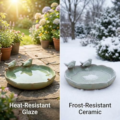 9.5" Glazed Ceramic Nature Sanctuary-Whisker-Safe Oasis for Pets & Birds | Outdoor Bird Bath , Heavy Duty Decorative Shallow Dish for Cats, Small Dogs, Garden Wildlife - Aesthetic Succulent Planter
