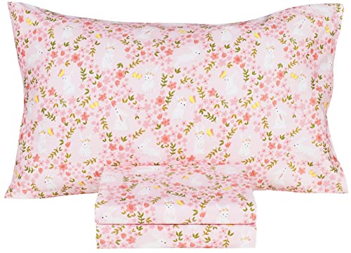 Scientific Sleep Pink Flower Rabbit Bunny 100% Cotton 3 Pcs Twin Bed Sheet Set Kids Toddler Teen, Flat Sheet & Fitted Sheet & Pillowcase Kids Bedding Set (Rabbit Flower, Twin) - color: Rabbit Flower, size: Twin