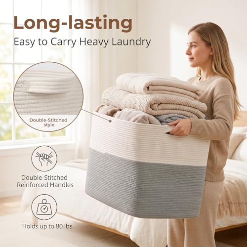 OIASKET 108L Cotton Rope Storage Basket for Living Room and Bedroom 25"x16"x16" Woven Laundry Basket, Heavy Duty Bin for Blankets, Pillows & Toys, Pet-Safe & Scratch-Free, Grey and White - color: Grey & White