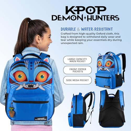 AI ACCESSORY INNOVATIONS K-Pop Demon Hunters 16” Backpack for Girls, Featuring a Big Face Derpy with 3D Ears and Embroidery, Rubber Molded Bag Charm, Derpy - style: Big Face Derby