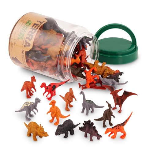 Terra by Battat Dinosaur Figures Tube, 60 Mini Plastic Dino Animals, Tubes | 60-piece mini dinosaur figures in a portable tube with 12 assorted dinosaur styles for play, collecting, crafts, 3+ Years - style: 60pcs Mini Dinosaurs