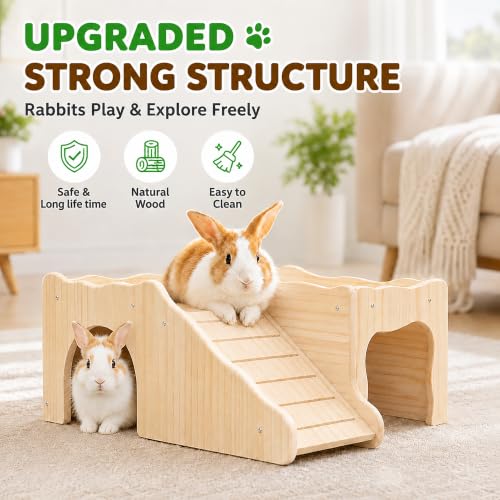 Large Bunny Hideout Wooden Bunny House with Ramp Rabbit Castle(Slide Style) | solid wood guinea pig hideout chinchilla house with detachable panels,rabbit hide with ramp hideaways and climbing areas - style: Slide style