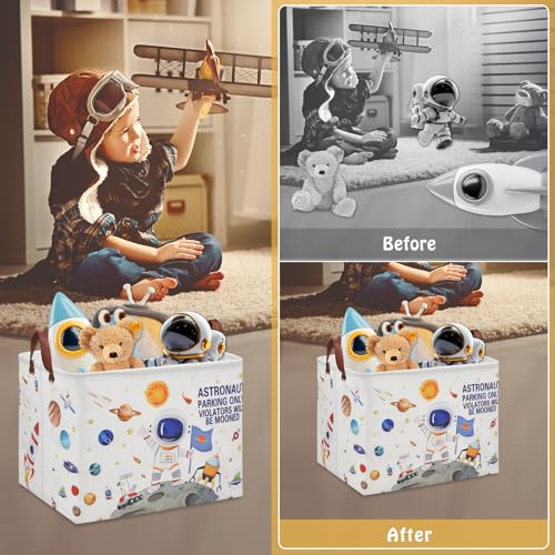 Outer Space Astronaut Nursery Basket with Inspirational Quotes ,Boy Planets Rocket Storage Bin for Baby Nursery Kids Bedroom Playroom Decor,Cute Shelf Basket Toy Box Bin (white) - color: White