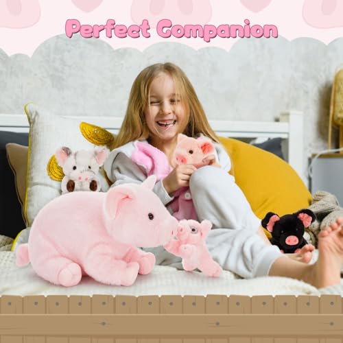 Pig Stuffed Animal with 4 Baby Piggy Toys, Pink Pig Plush Set, 16" | 5-Piece Pig Plush Family; Mommy Pig and Baby Plushies; Zipper Belly Pretend Play; Birthday & Christmas Gift for Kids - style: Pig Pink