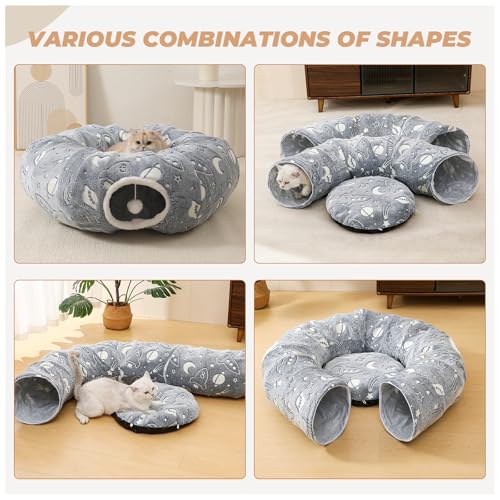 Large Cat Tunnels Bed Tube for Indoor Cats Under Christmas Tree Glows in The Dark Cat Tunnel with Cushion and Plush Ball Toy Longer Playground Toys for Dog Puppy Kitten Pet Gray - color: Gray Bed
