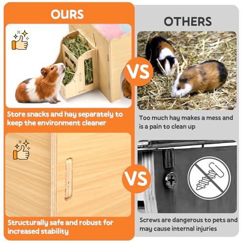 Large Guinea Pig Wooden Hideout with Detachable Snack Hay Feeder, Guinea Pig Castle with Plush Cushion and Ramp - Easy Assembly House for Play, Sleep & Exploration
